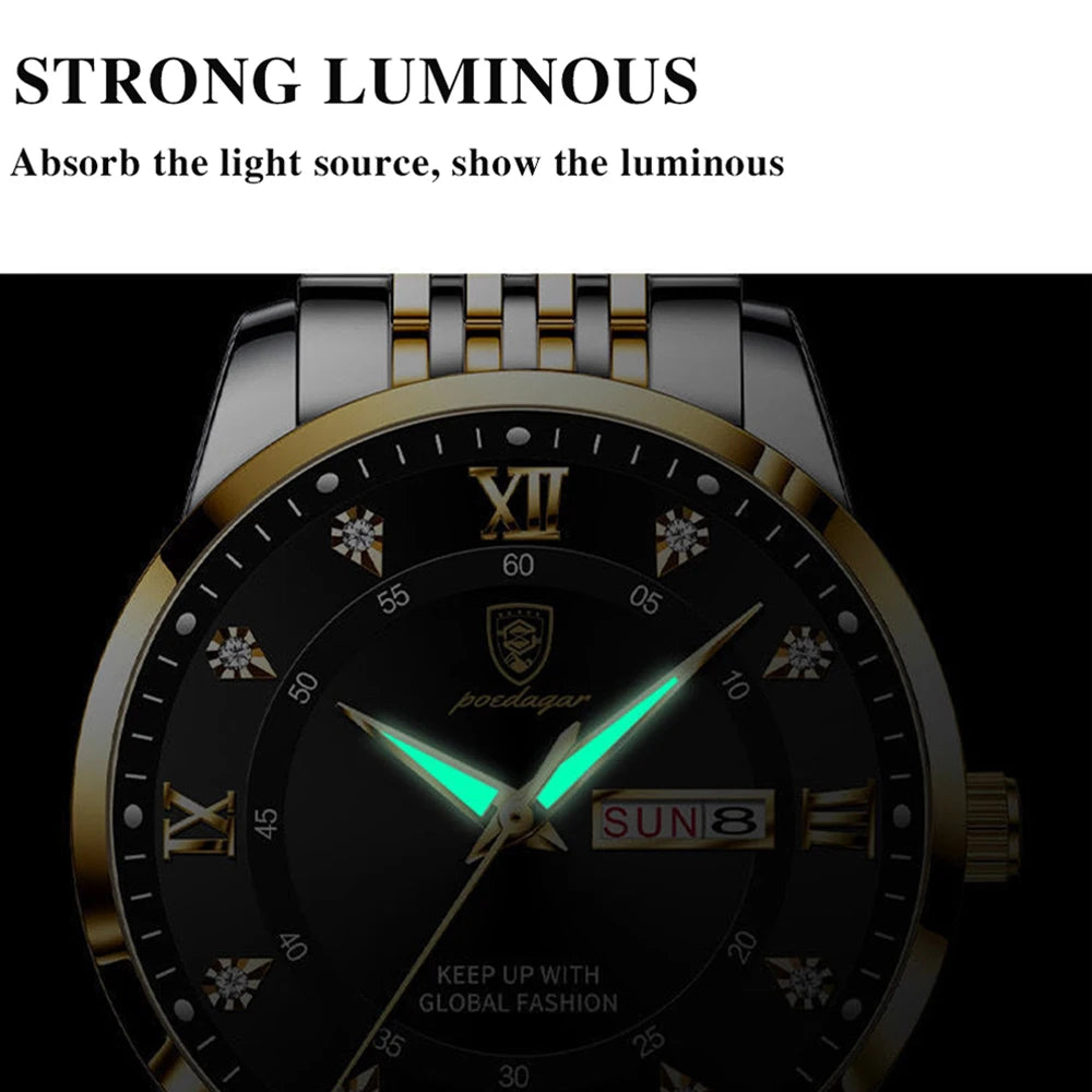 Men Watches Stainless Steel Push Button Hidden Clasp Week Date Waterproof Luminous Top Brand Luxury Quartz Wristwatch