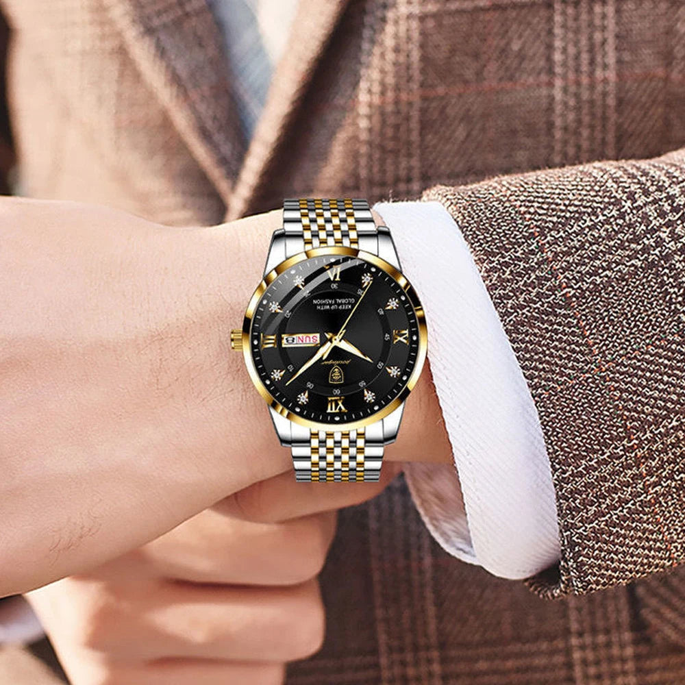 Men Watches Stainless Steel Push Button Hidden Clasp Week Date Waterproof Luminous Top Brand Luxury Quartz Wristwatch