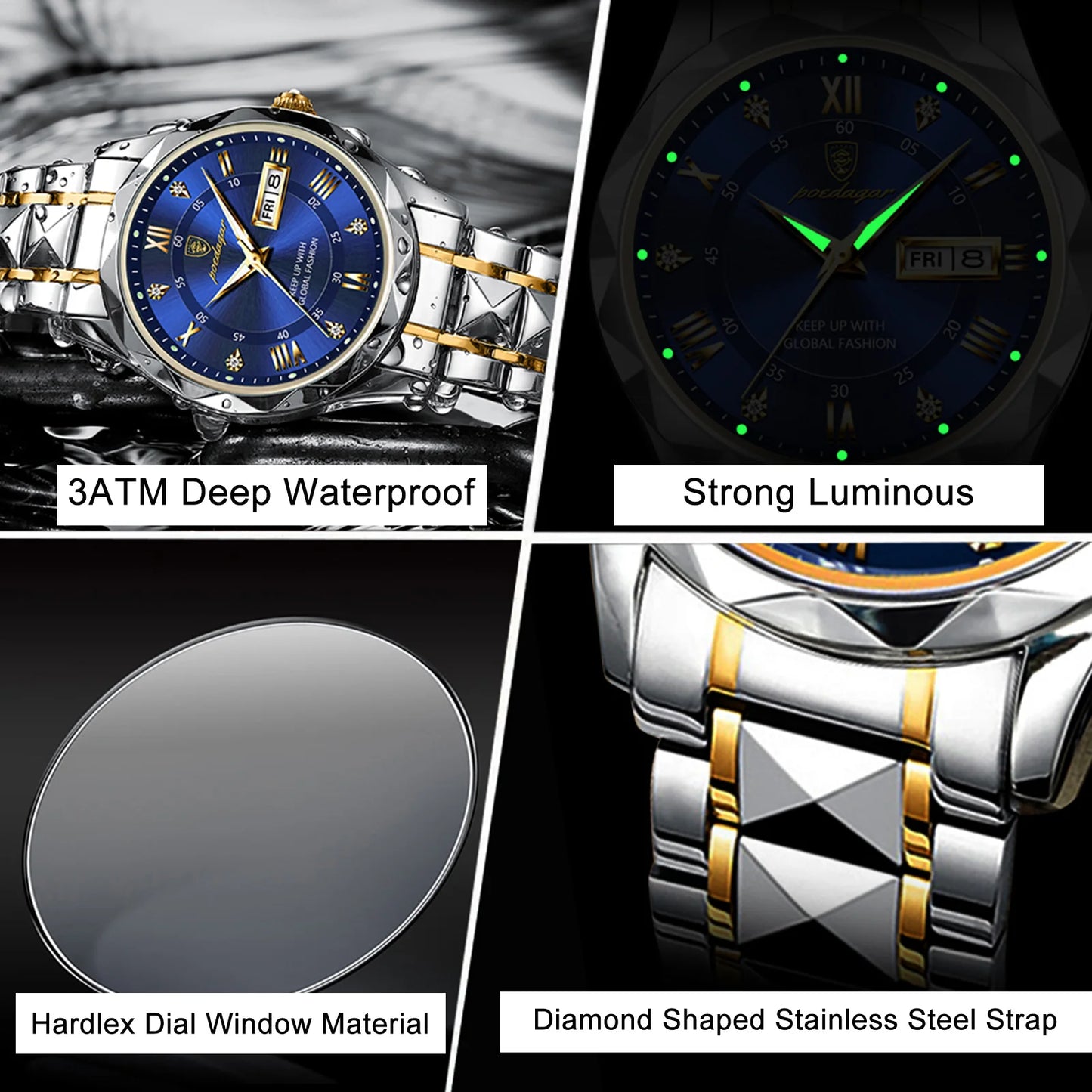 Luxury Man Wristwatch Waterproof Luminous Date Week Men Watches Stainless Steel Quartz Men's Watch Male reloj
