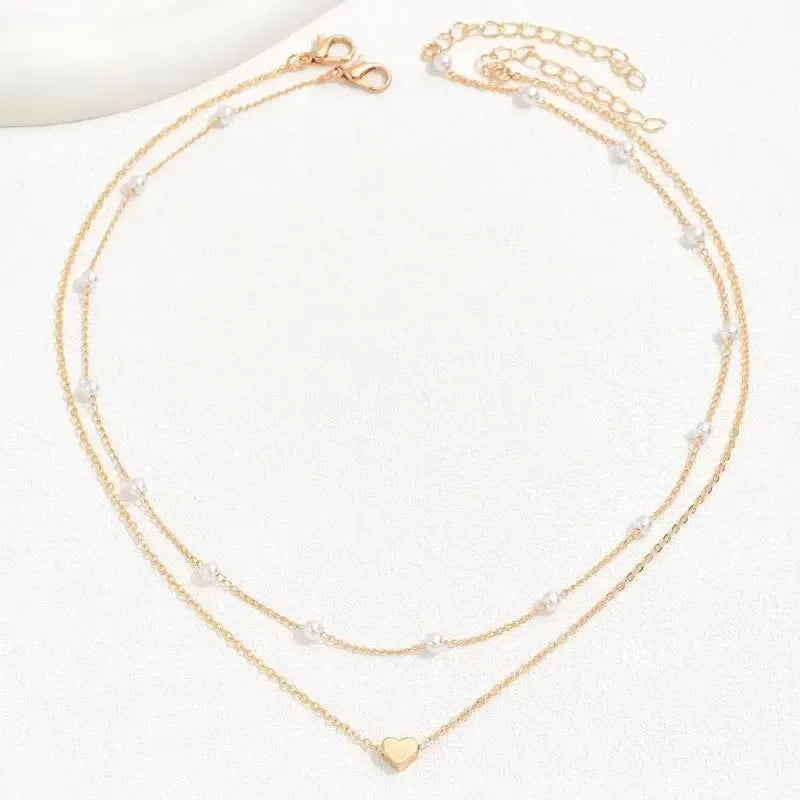 Hams Necklaces for Women Fashion Double Layer Chain Small Love Heart Pendant Necklace Jewelry Gift Wholesale